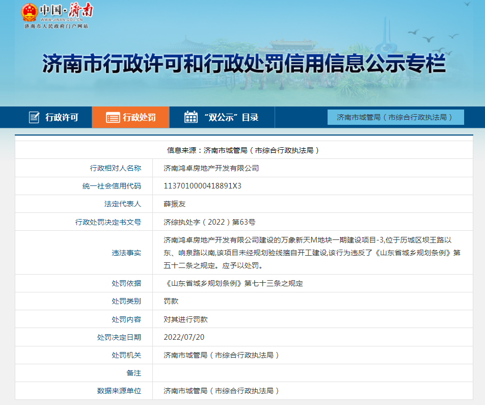 濟南萬象新天項目未取得規劃驗線確認書擅自開工建設 開發商同天連收4張罰單